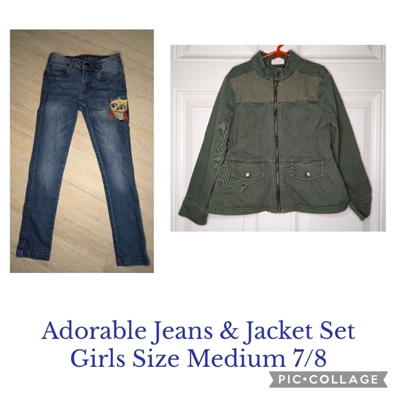 Girls Size Medium 7/8 Jeans With Owl Patch & Green Denim Crazy 8 Eyelet Jacket - Picture 1 of 11